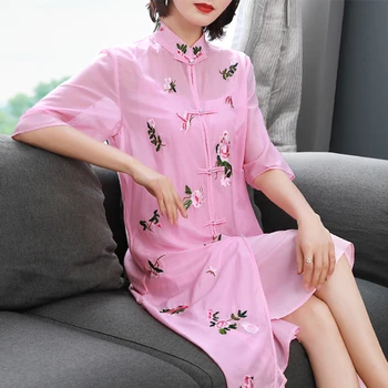 

Summer Embroidery Floral Dress Women 2020 High Quality Chinese Style Qipao Loose Pretty Dress