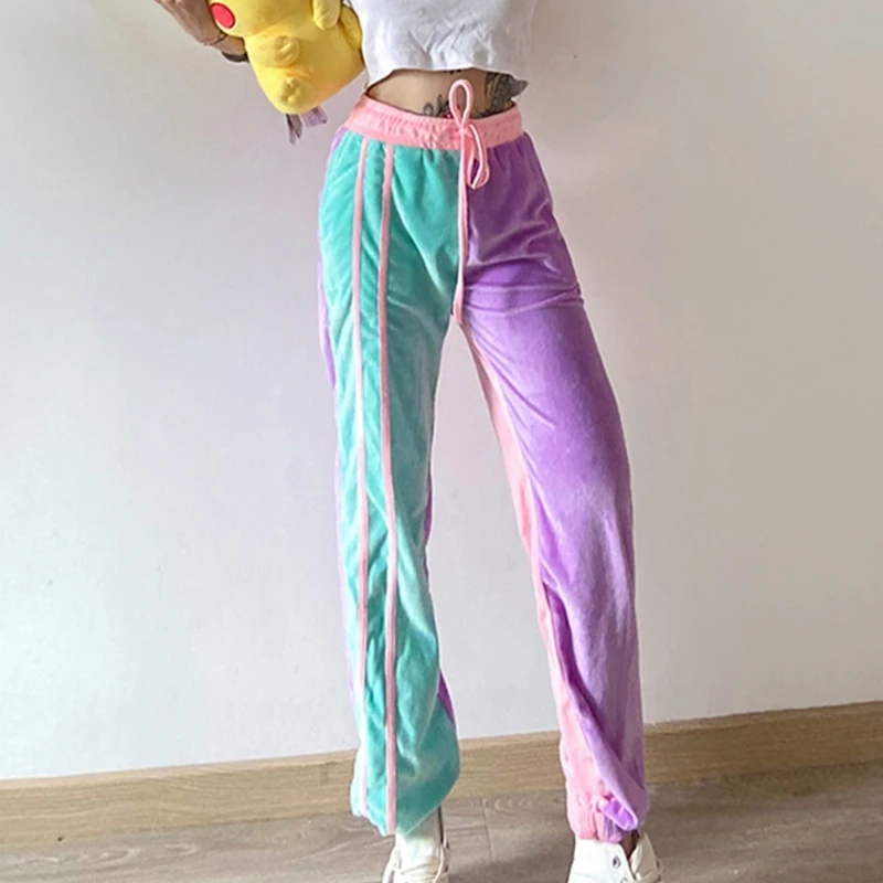 

Women High Waist Drawstring Sweatpants Winter Warm Fuzzy Plush Color Block Striped Jogger Pants Casual Loose Trousers