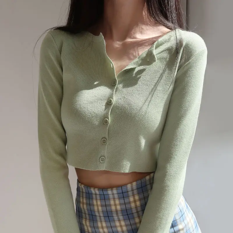 Estilo coreano de cuello corto de punto suéteres mujeres cárdigan manga corta protección Top Ropa de Mujer suéter Ropa