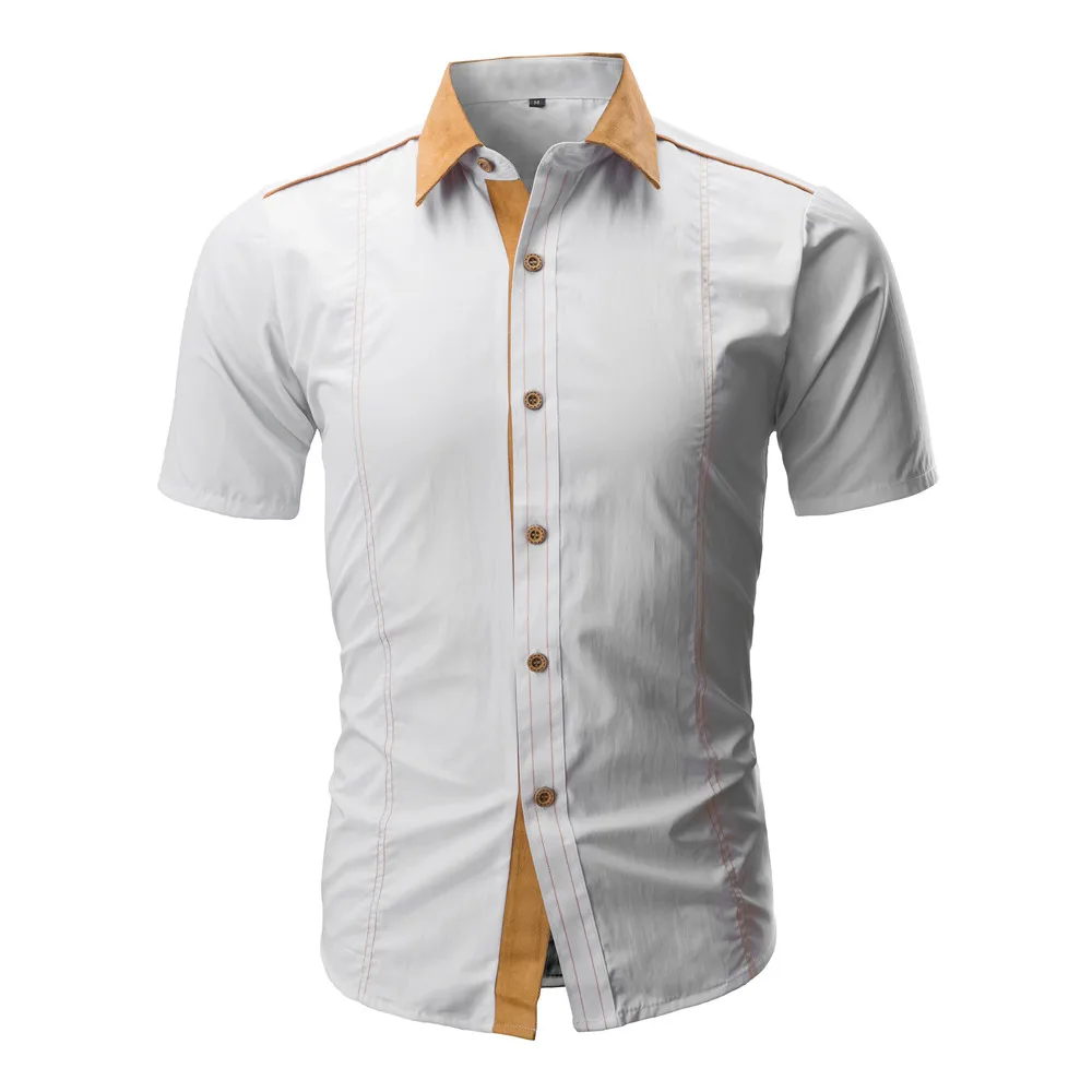 Men's Black White Blue Shirt New Summer New Fashion Solid Color Patternless Short Sleeve Shirt - Color: White