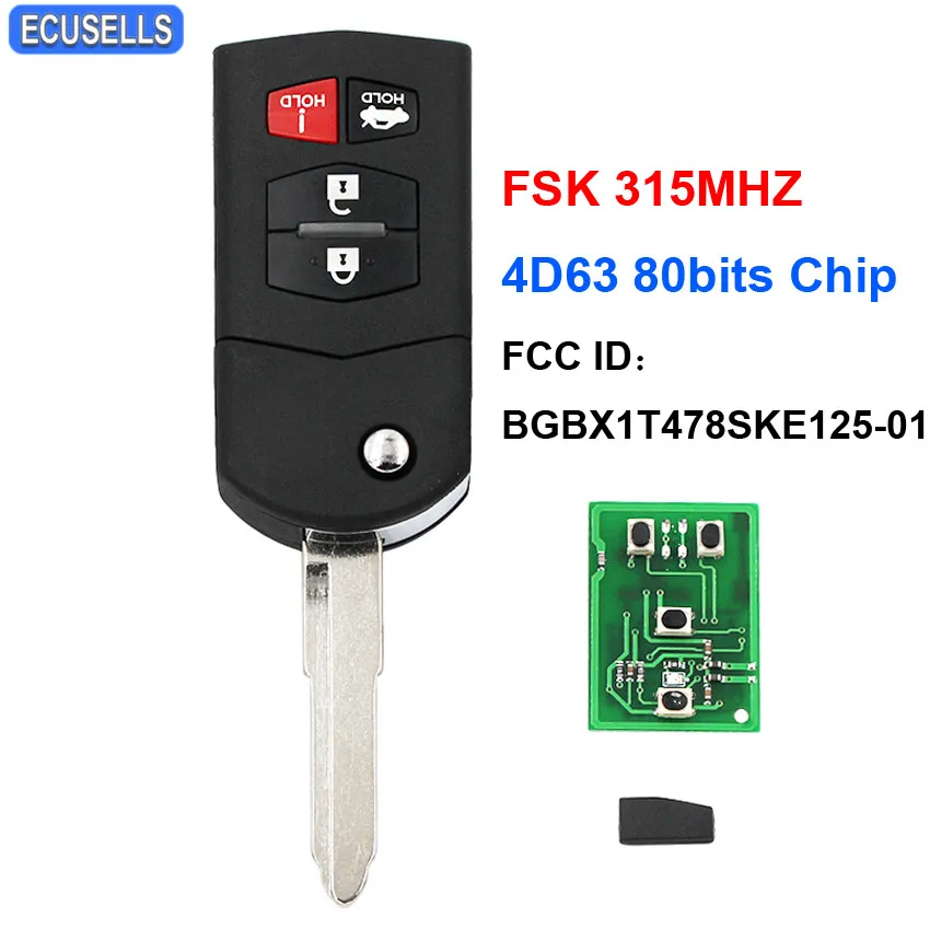 3+1/4 Button Folding Flip Remote Key FSK 315MHZ 4D63 80Bit Chip For Mazda 3 6 MX-5 Miata FCC ID: BGBX1T478SKE125-01 Uncut Blade |