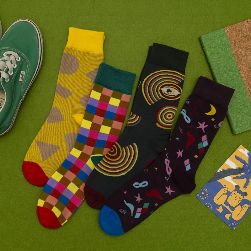 Мужские модные уличные счастливые носки хлопковые с цветной проверкой звезды и луна Таблица осенние носки мужские с сеткой подарки для мужчин 202