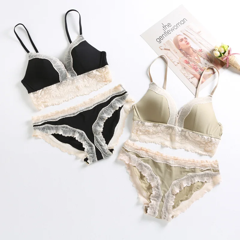 Beste Vrouwen Katoenen Ondergoed Sexy Kant Comfortabele Draadloze Bh Set Ultradunne Driehoek Cup Groen Lingerie Set Push Up Bh Slip Set