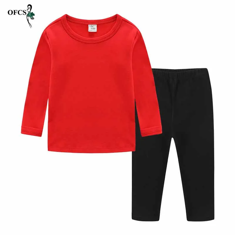 Autumn Children's Bottom Suit Boys Girls Clothes Long-sleeved T-shirt Cotton Set Candy Long-sleeved Trousers 2 Sets Nightwear - Цвет: Red add Black