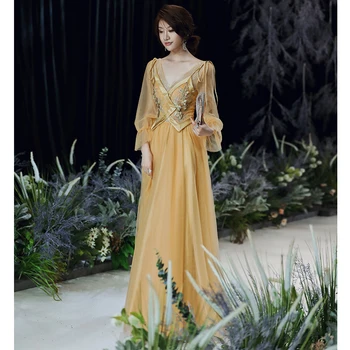 

Golden banquet evening dress 2020 new long style noble dress