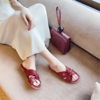 

SaraIris 2020 New Brand Design Genuine Leather Women Sandals Flat With Fleated Summer Outside Woman Slides