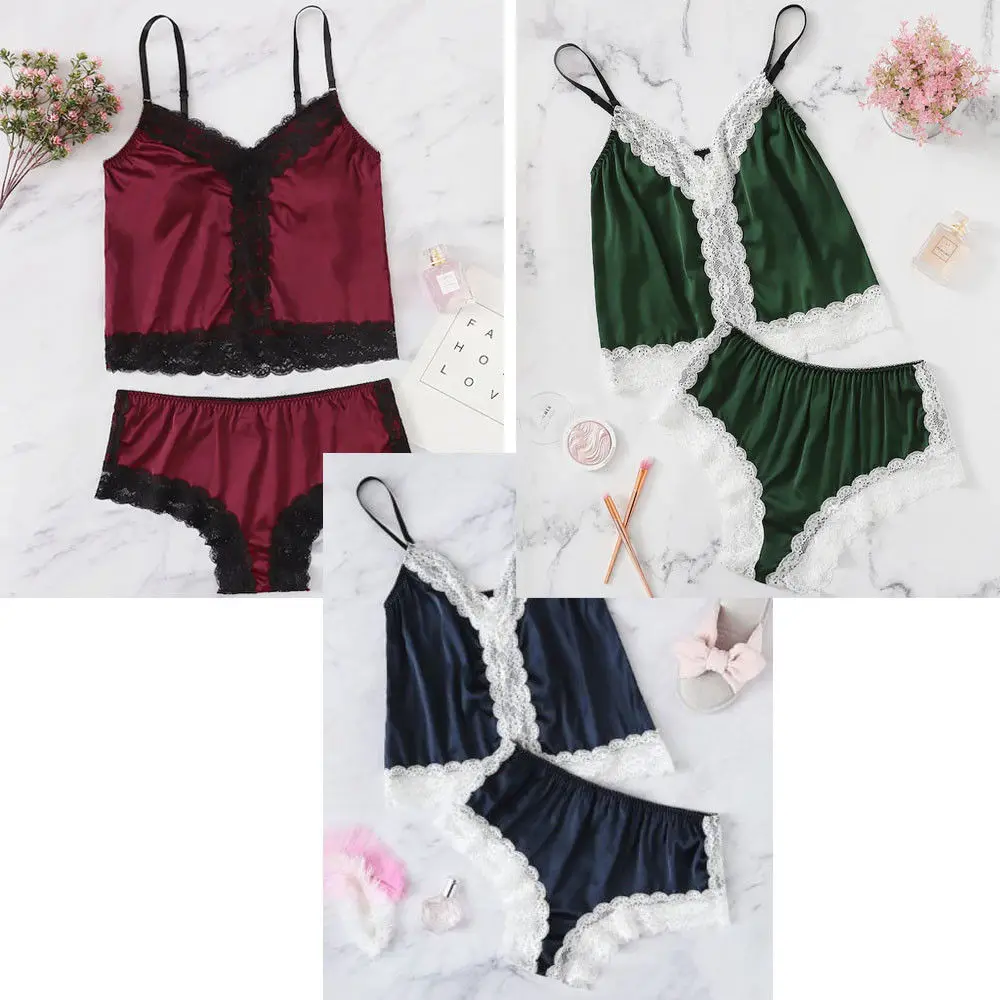 

2pcs Sexy Lingerie Babydoll Satin Lace Sleepwear Nightdress Women Tank Top+Shorts Pajamas Set