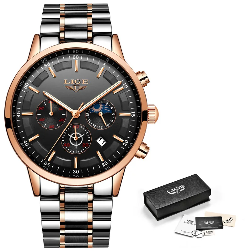 Rose Gold Black Relojes, часы для мужчин, LIGE, модные спортивные кварцевые часы, мужские часы, Топ бренд, Роскошные, бизнес, водонепроницаемые часы, Relogio Masculino - Цвет: Rose Gold Black