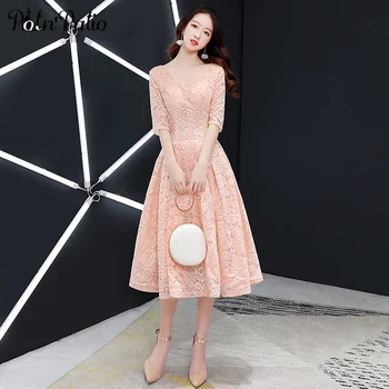 

Pink Lace Prom Dresses 2019 Elegant V-neck Half Sleeves Medium Long Plus Size Cocktail Pary Dresses Junior Homecoming Gowns