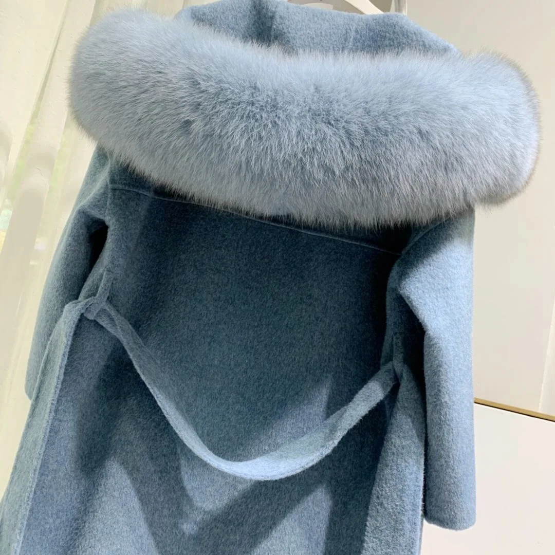 Korea style female long double-sided fur coat loose with fur collar soft double-sided wool outwear with belt for women