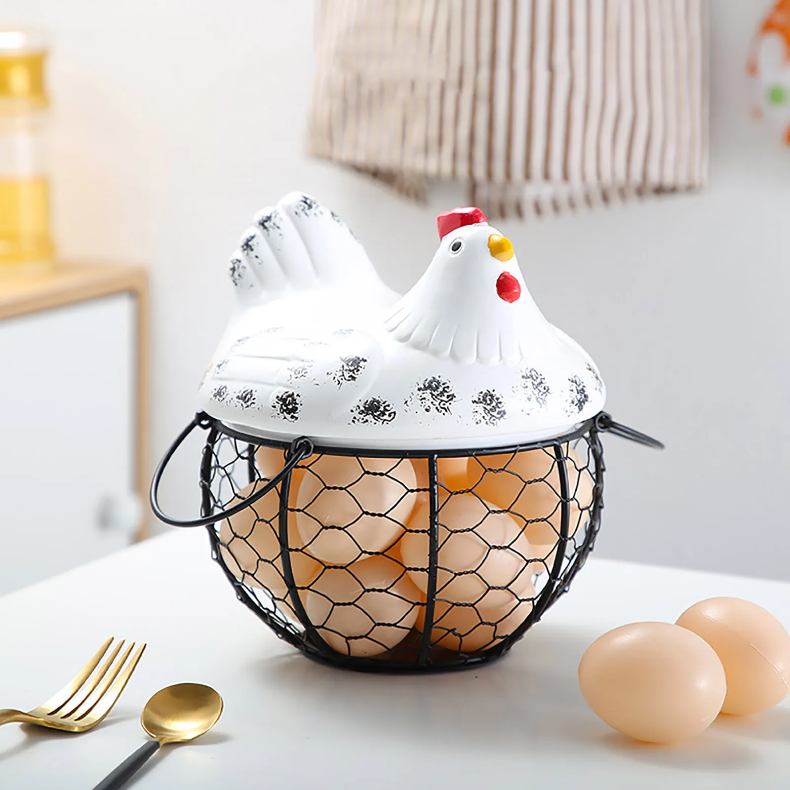 Eggs Holder Basket With Ceramic Hen Lip Creative Kitchen Egg Organizer