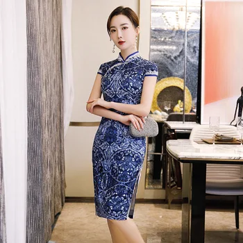 

Plus Size 4XL Blue Rayon Lady Summer Daily Cheongsam Dress Print Flower Elegant Slim Evening Gowns Vintage Short Sleeve Qipao