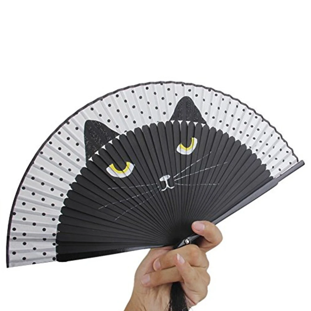 Китайский старинный стиль, винтажный узор в виде кошки, с кисточками, для танцев, складной веер, подарок для рукоделия, вечерние подарки, летнее украшение для дома
