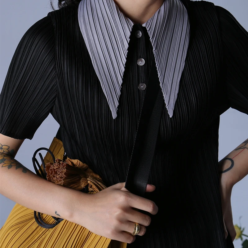 LANMREM модная новая плиссированная женская рубашка хит цвет воротник короткий рукав блузка в складку для женщин Высокое качество Весна Лето YH682 - Цвет: black