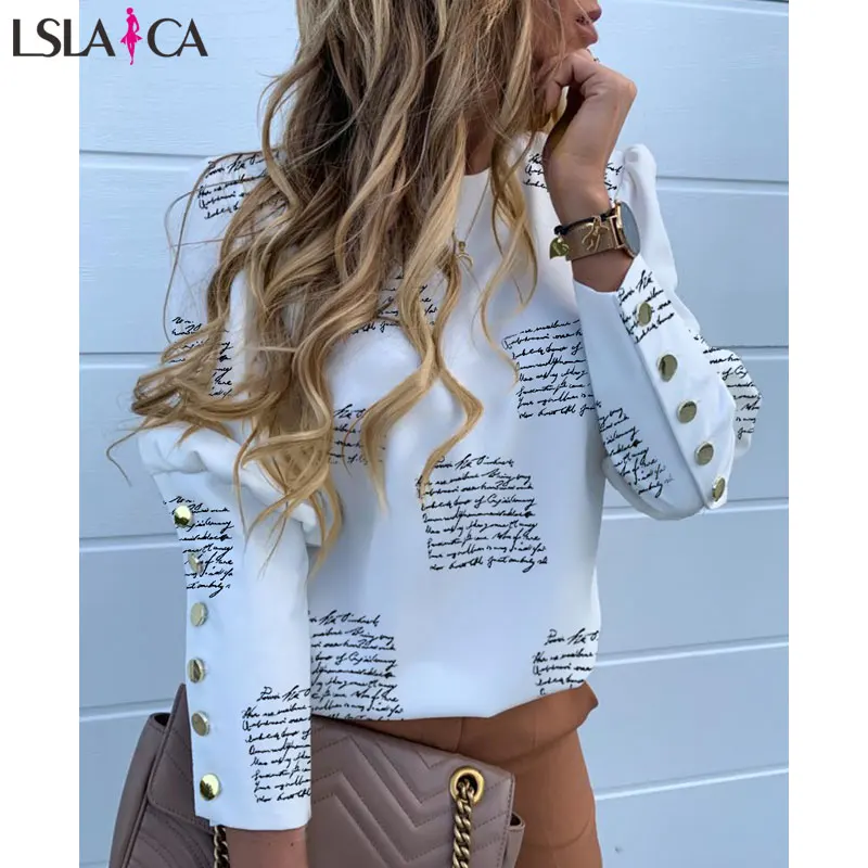 

Elegant fashion women blouses long sleeve O-neck knitted ladies tops newspaper printing casual office white blouse for women
