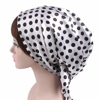 

New Soft Women Satin Print Ribbon Bow Turban Cap Sleeping Shower Towel Cap Silk Long Hair Care Bonnet Headwrap Hat Accessories