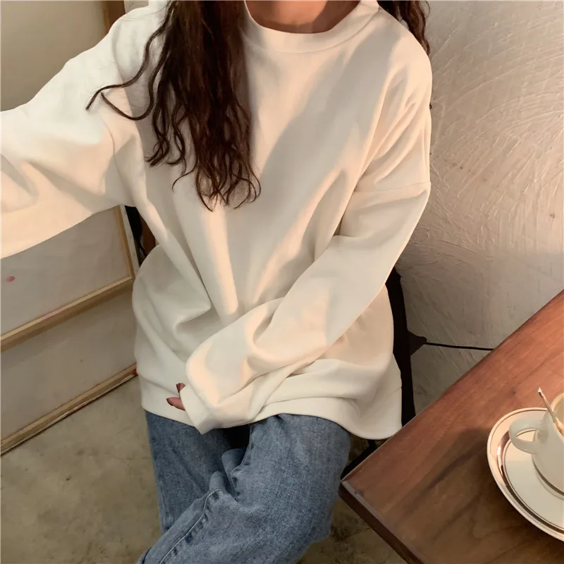 Зимний корейский ulzzang шикарный свободный Harajuku свитер с длинными рукавами ins простой сплошной цвет o-образным вырезом ins Повседневная Женская толстовка