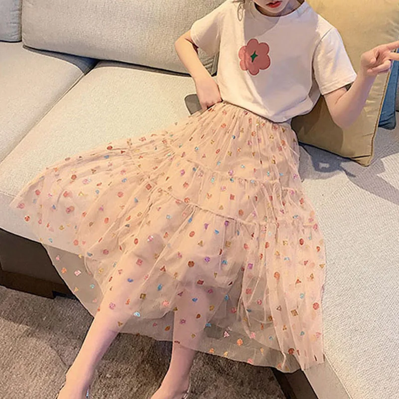 

Summer Girls' Clothes Sets Fashionable Flower Short-Sleeved T-Shirt Top+Mesh Skirt Big Kids Children'S Clothing Sportswear 4-13Y