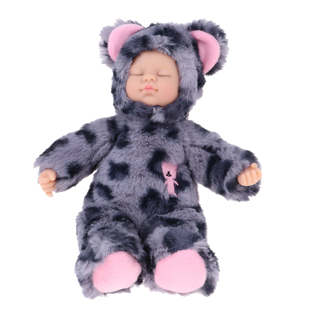 25cm Leopard Print Simulation Reborn Baby Closed Eyes Lifelike Silicone Educational Toys for Girls Sleeping Doll (Dark Gray)