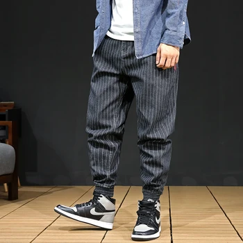 

Fashion Streetwear Men Jeans Black Loose Fit Stripe Designer Cargo Pants Slack Bottom Vintage Harem Pants Men Hip Hop Jeans