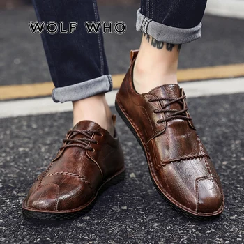 

WOLF WHO 2019 New Men Casual Leather Shoes Man Breathable Handmade Flats Sneakers Male British style Shoes Tenis Masculino X-053