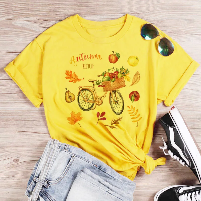 Pink T Shirt Women Beautiful Scenery Bicycle Vogue Casual Tshirt Harajuku Korean Style Graphic Tops Kawaii Short Sleeve T-shirt