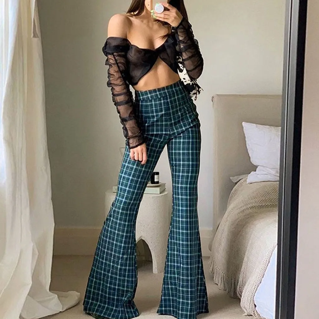 

Vintage Plaid Women Girls High Waist Bell Bottom Long Flare Pants Stretch Boho Hippie Bell-Bottom casual holiday Pants#3s