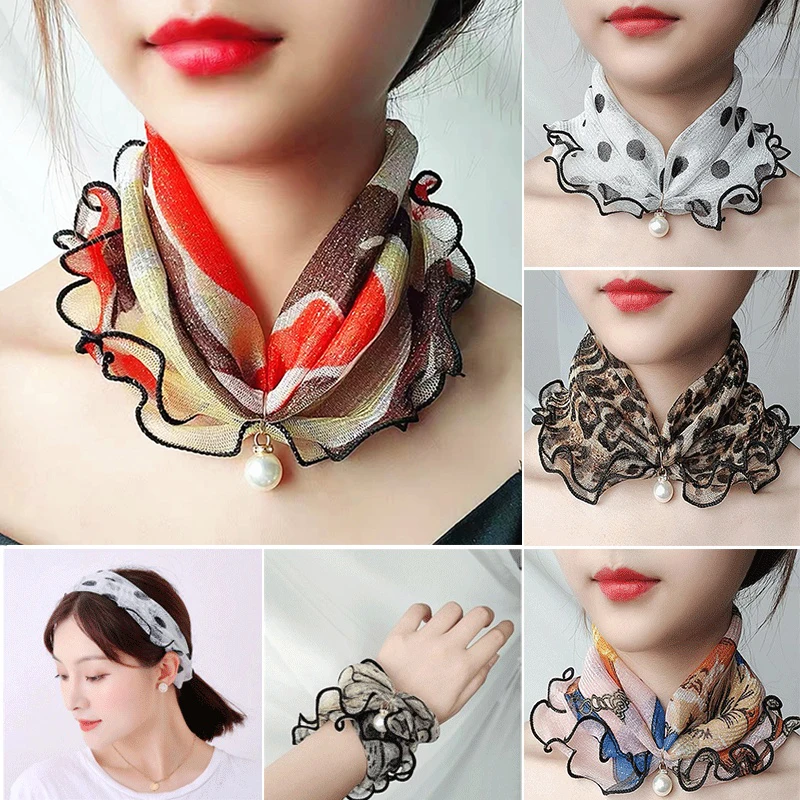 

New Fashion Neck Collar Print Shiny Variety Loop Scarf Ruffle Lace Scarf Pearl Pendant Organza Chiffon Scarves Bandana Headband