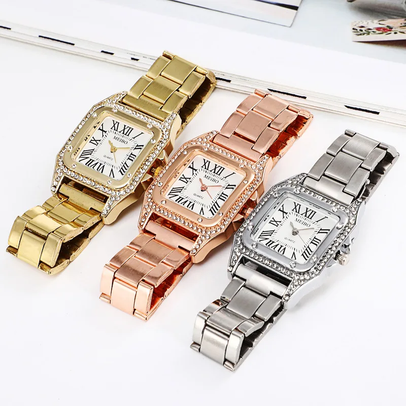 

2019 New Style Roman Measuring Cool Square Dial Diamond Set Steel Belt Watch Alloy Shell