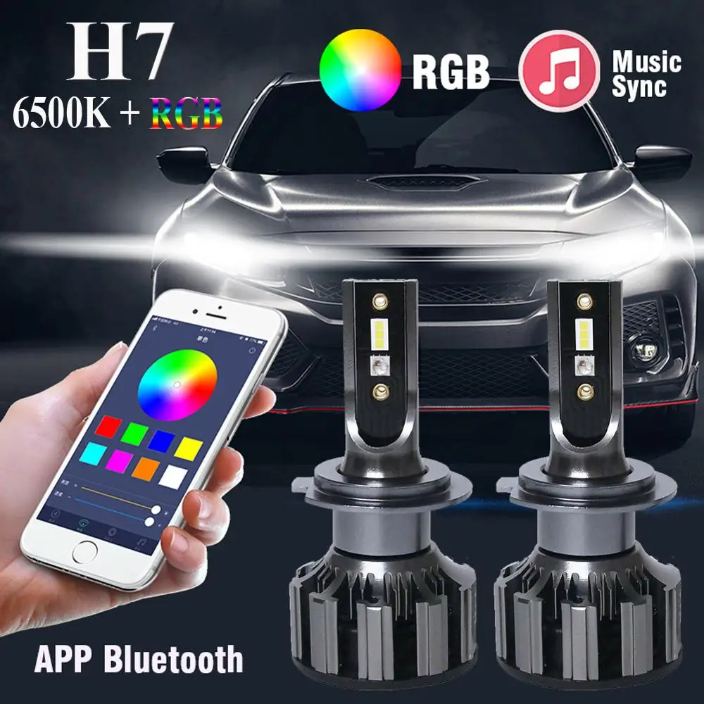 

2 PCS H7 LED Car 8000LM/Bulb LED RGB Headlight APP Bluetooth Control Fog Lights Bulbs Lamp Car Accessories Bluetooth Controller