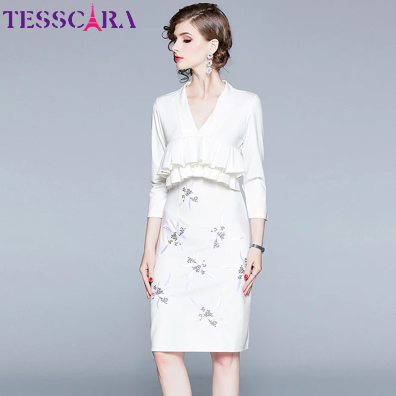 TESSCARA женское осеннее элегантное белое платье с вышивкой женское офисное женское платье Femme цветочный дизайн карандаш высокого качества Vestidos - Цвет: White