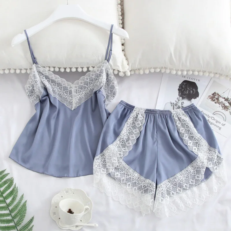 Light blue Кружевная мягкая белая кружевная эластичная удобная женская пижама с v-образным вырезом, Сексуальная атласная пижама, 1 комплект - Цвет: Light blue