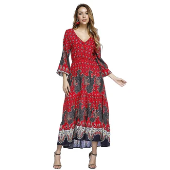 

Seluxu Women Spring Autumn Dress Women Chic Casual Floral Print Boho Beach Dresses Decorated Button Long Sleeve Elastic Waist