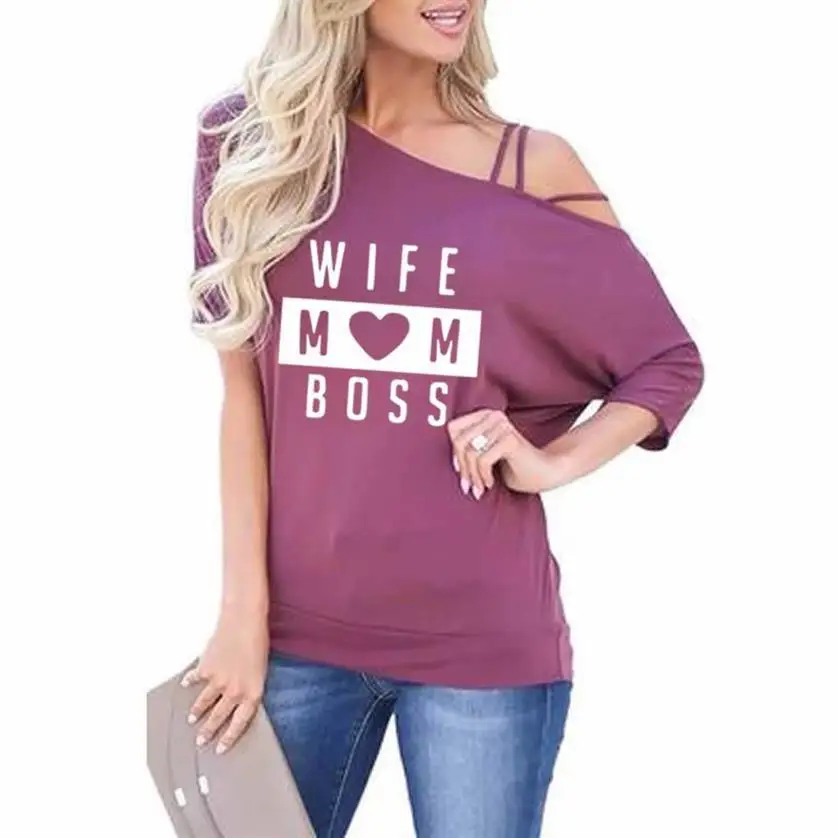 

2019Fashion Slanted Shoulder Harajuku Cute Funny Tops Cotton Sleeve WIFE MOM BOSS Letters Print T-Shirt For Women T-Shirt Women