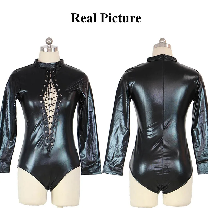 Women Sexy Black Vinyl Leather Lingerie Bodysuits Erotic Leotard Costumes Rubber Flexible Hot Latex Catsuit Costume