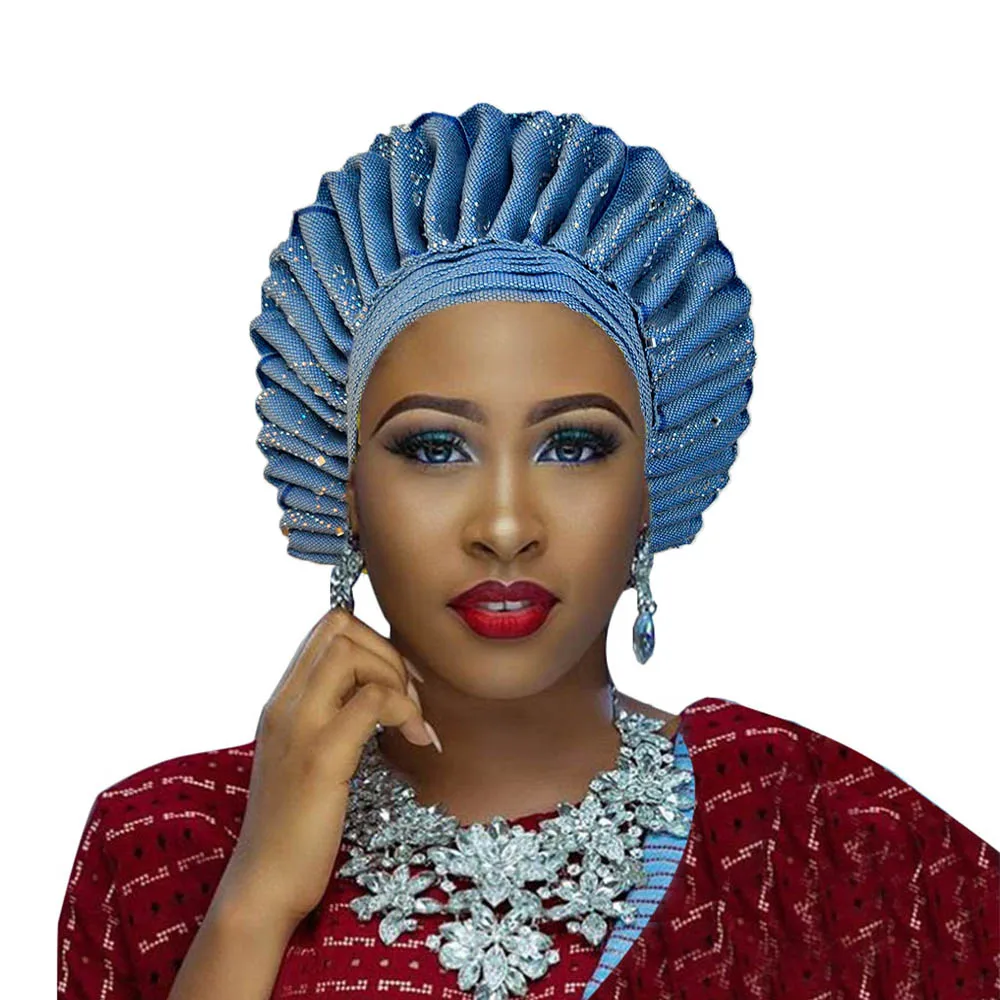 Африканский головной убор aso ebi gele для женщин aso oke головной убор gele с камнем во многих цветах - Цвет: sky blue