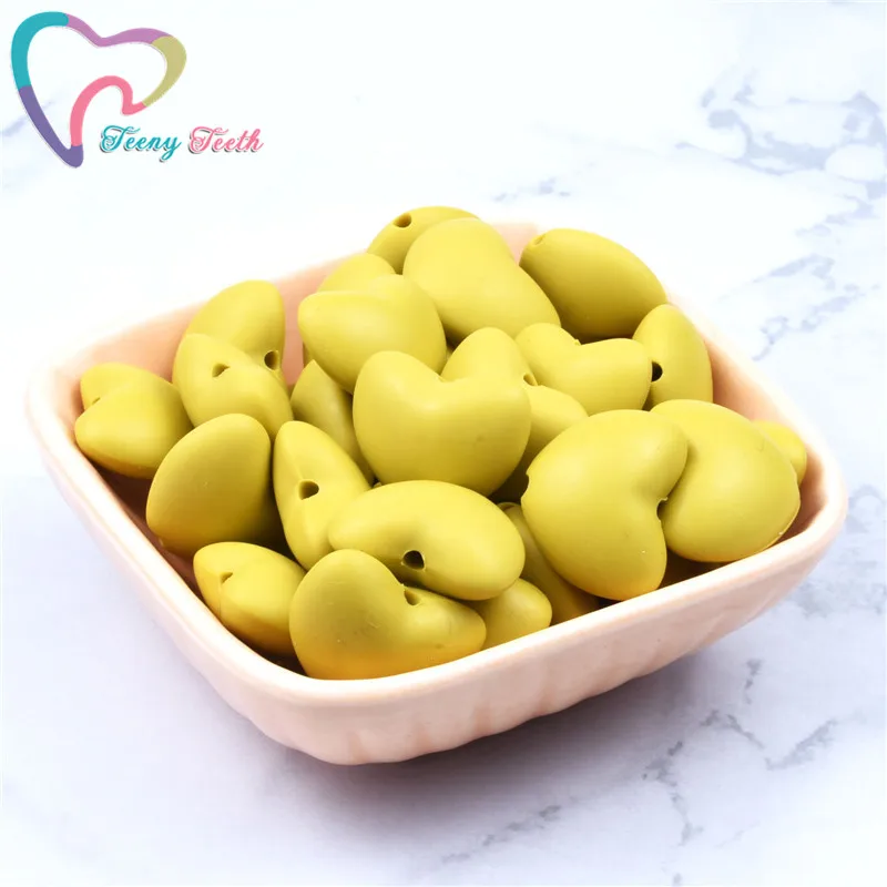 10 PCS/Lot Silicone Teething Necklace Heart Beads Food Grade Silicone Baby Teether Accessories Dummy Chain Holder Decorate - Color: Mustard