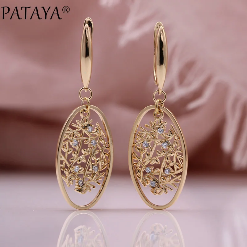 

PATAYA New Safe Tree Long Dangle Earrings Natural Zircon Women Oval Earrings 585 Rose Gold Color Unique Luxury Fashion Jewelry