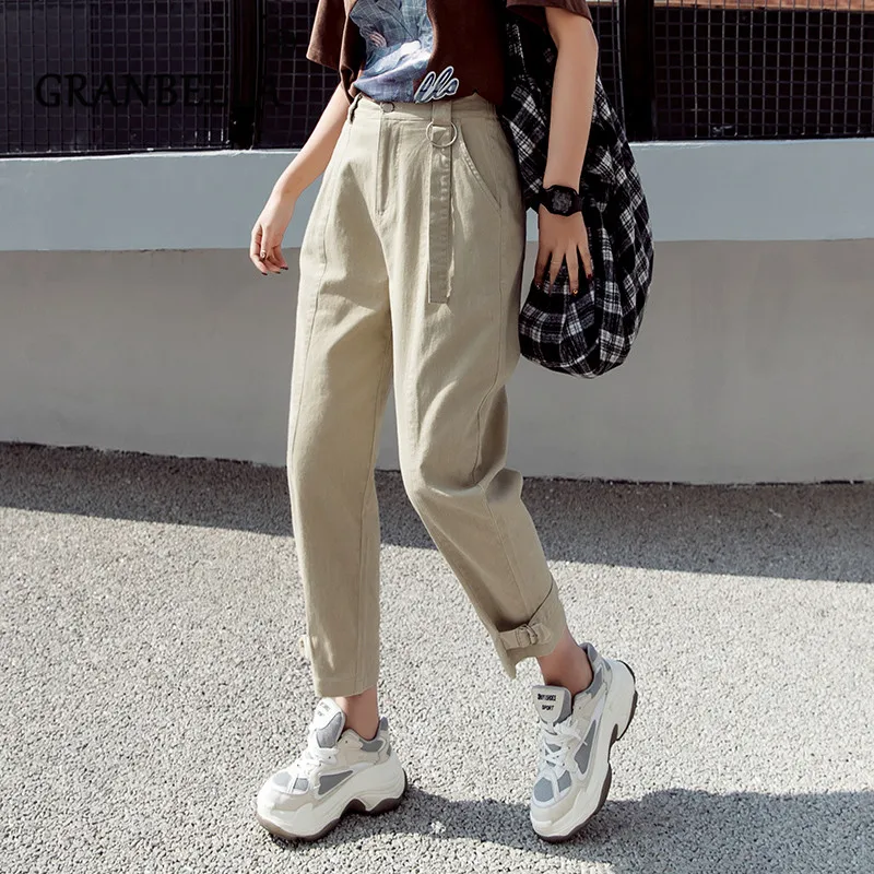

2019 high-waist loose adjustable cuff Beam foot pants Solid Color Casual French Style Overalls Thin Sweatpants
