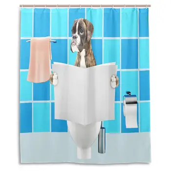 

Funny Boxer Dog Puppy Read Newspaper On Toilet Shower Curtain Polyester Waterproof, Dog Lover Decor Blue Lattice Geometric Bath