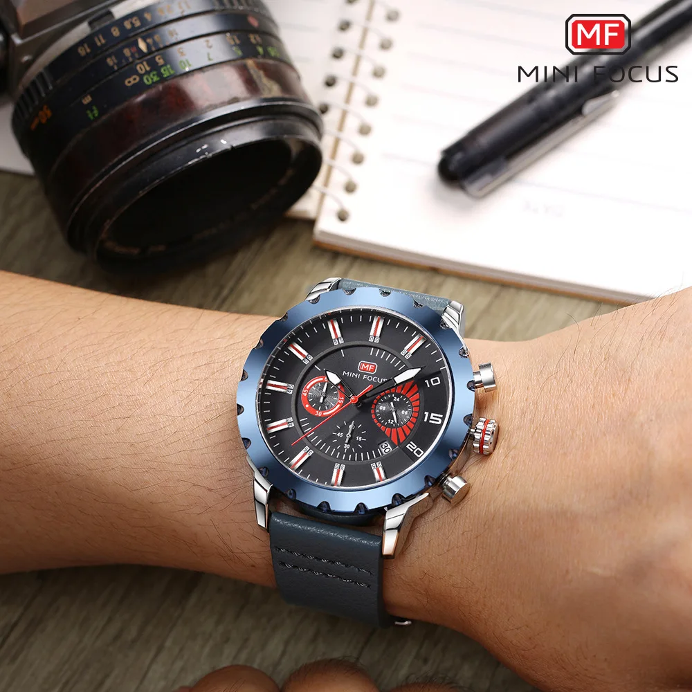 

Fox Mini FOCUS Men Sports Multi-functional Calendar Waterproof Timing Genuine Leather Quartz Watch Mf0079g