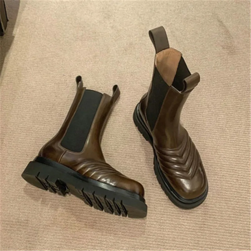 Женские ботинки на шнуровке в стиле панк вечерние однотонные ботинки до середины икры с круглым носком, на толстой подошве, на низком каблуке, с волнистым узором, без шнуровки - Цвет: Brown
