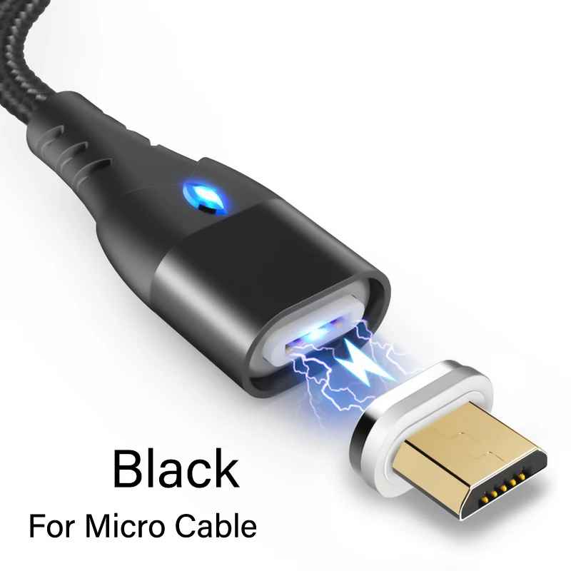 Black For Micro Светодиодный магнитный кабель 1M 3A для iPhone samsung huawei Xiaomi для быстрой зарядки Micro usb type C Магнитный шнур для зарядки телефона - Цвет: Black For Micro