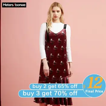 

Metersbonwe Long Velvet dress Women Floral Printing Dress Velvet Vintage Autumn Winter Dress Women Dress