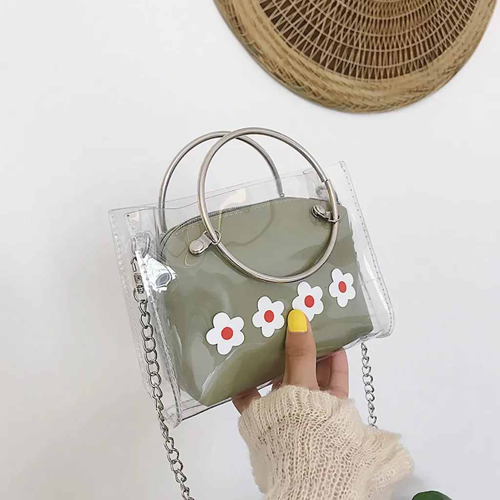 

Flowers Printed Bags Women Transparent Bag Versatile Chain Bag Single Shoulder Small Square Bag Shoulder Messenger Bags