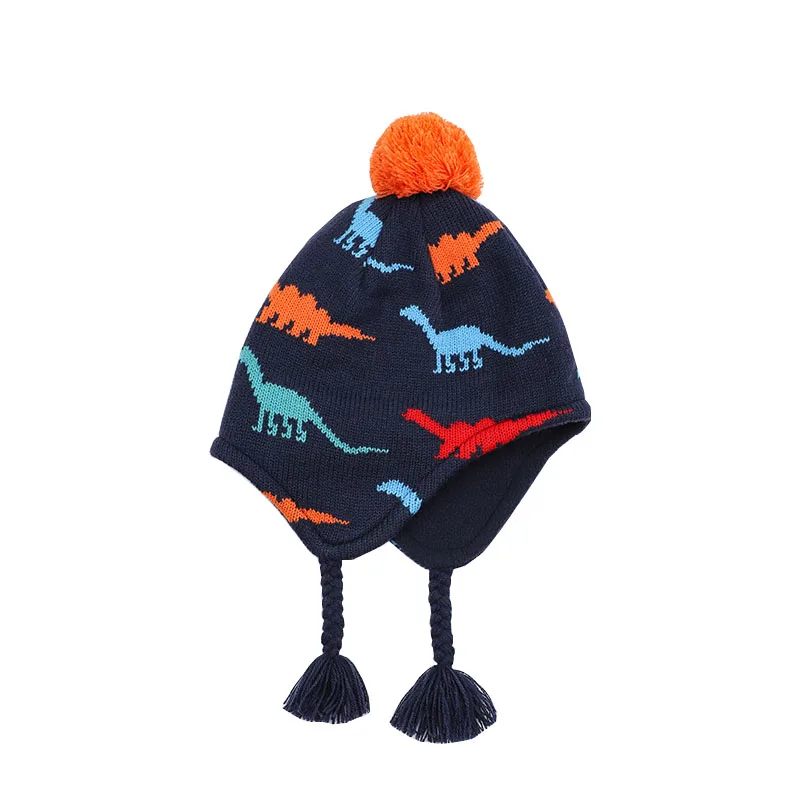 

Newborn Winter Hat Boy Dinosaur Kid Knit Beanie Autumn Earflap Fleece Warm Skiing Pompom Outdoor Accessory For Toddler Baby