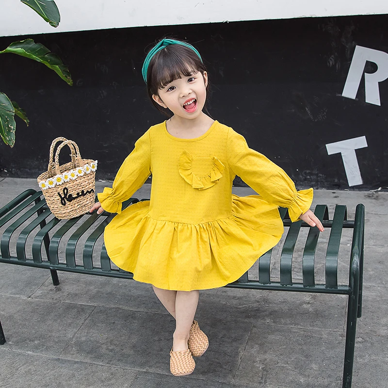 

Cute Pleated Short Dress Girls Clothing Long Sleeve Rural Mini Dresses Children Autumn Solid Kids Clothes Princess Dress Cotton