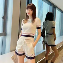 Trendy Brand New Simple Short-Sleeved Knitted Sports and Leisure Suit 2021 New Women 's Two - Piece Suit Fashionable