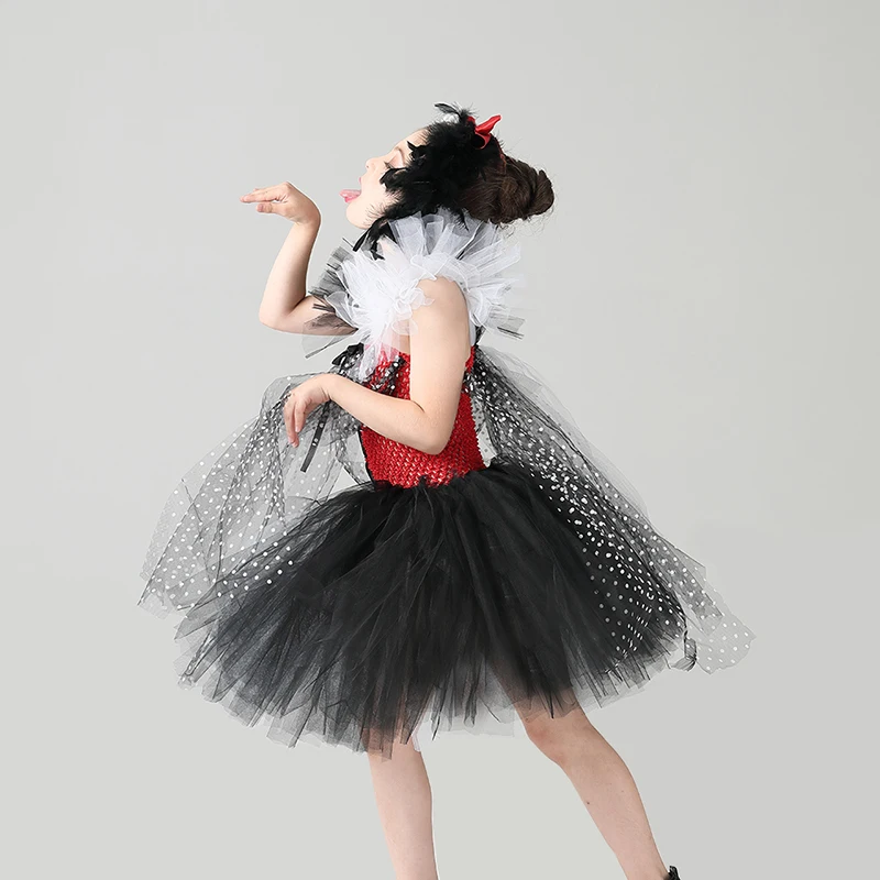 Cruella De Vil inspired Girls Tutu Dress with Headband Kids Dalmatians Villain Halloween Costume Polka Dot Children Party Dress (8)