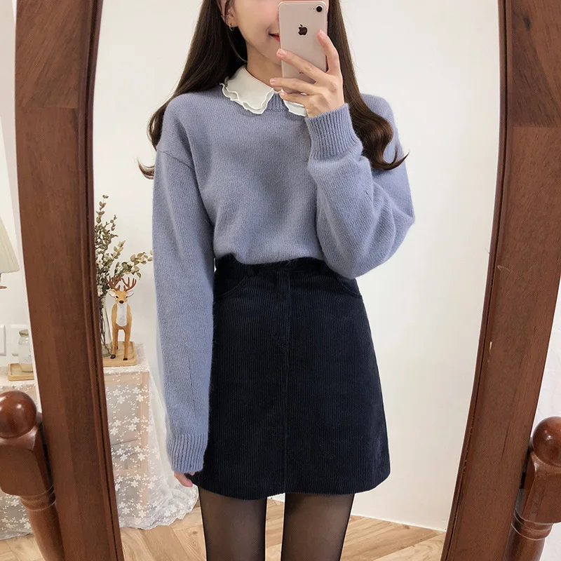 

Early Spring New Style Wave Collar Shirt + Solid Color Sweater Two-Piece Set-Style Set